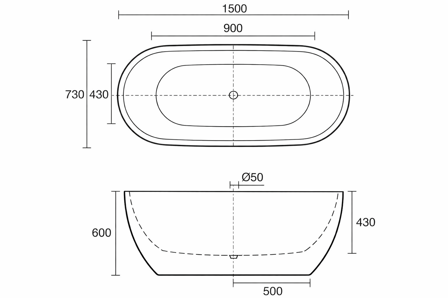 Kado Lux Petite freestanding bath dimensions 1500x730x600mm