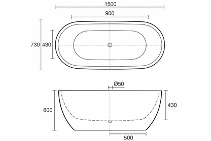 Kado Lux Petite freestanding bath dimensions 1500x730x600mm